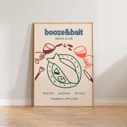 Kitchen Wall Art, Food & Drink Print, Wine Hand Drawn Illustration Booze & Bait Social Club Retro Cool Dining Room Prints - thumbnail 3