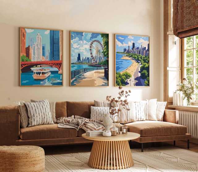 Set Of 3 Chicago Posters, Illinois Travel Prints, Cityscape Wall Art Set, Us Gift, City - image 1