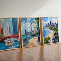 Set Of 3 Chicago Posters, Illinois Travel Prints, Cityscape Wall Art Set, Us Gift, City - thumbnail 3