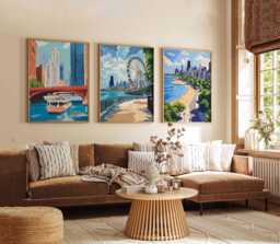 Set Of 3 Chicago Posters, Illinois Travel Prints, Cityscape Wall Art Set, Us Gift, City - thumbnail 1