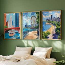 Set Of 3 Chicago Posters, Illinois Travel Prints, Cityscape Wall Art Set, Us Gift, City - thumbnail 2