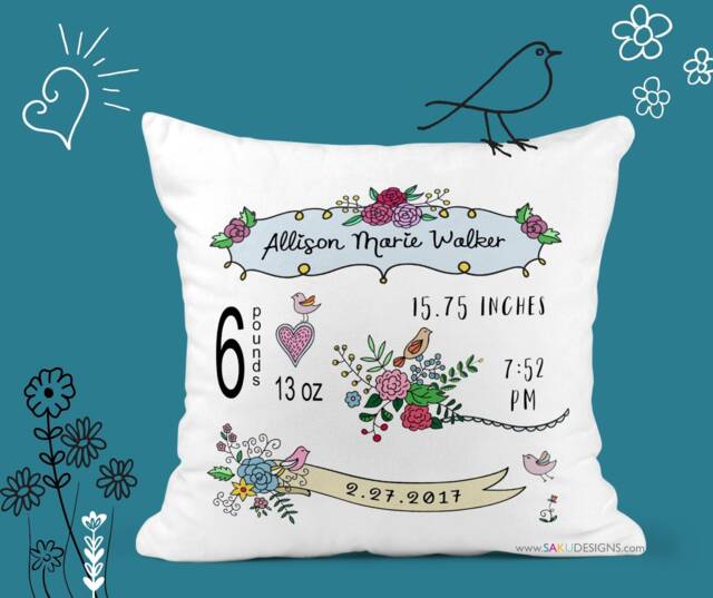 Whimsical Baby Pillow-Baby Pillow-Birth Announcement-Nursery Decor-Baby Pillow-Personalized Pillow-New Baby-Birth Stats-Flowers-Sketch - image 1