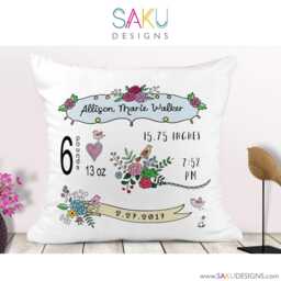Whimsical Baby Pillow-Baby Pillow-Birth Announcement-Nursery Decor-Baby Pillow-Personalized Pillow-New Baby-Birth Stats-Flowers-Sketch - thumbnail 2