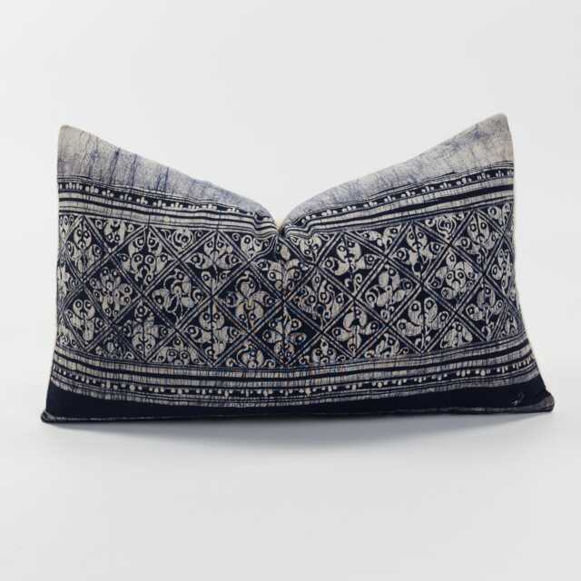 Vintage Indigo Lumbar Pillow Cover - Hill Tribe Batik, Kapok Insert - image 1