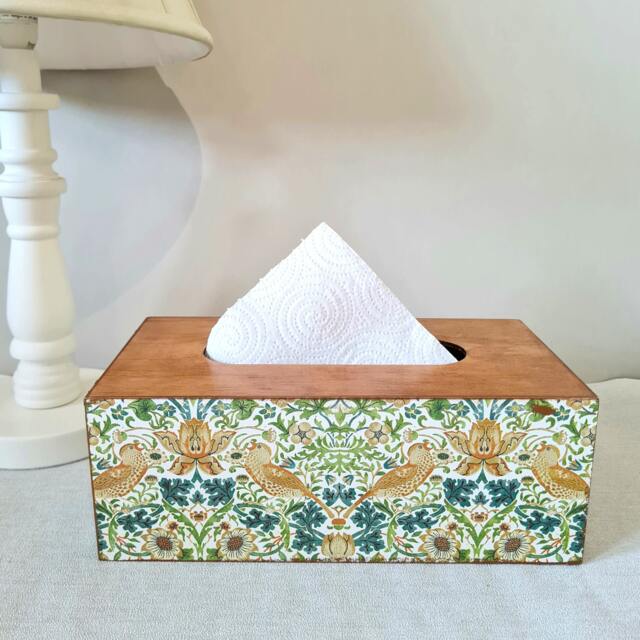 William Morris Green & Gold Tissue Box, Strawberry Thief Floral Bird Design, Handcrafted - image 1