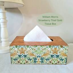 William Morris Green & Gold Tissue Box, Strawberry Thief Floral Bird Design, Handcrafted - thumbnail 3