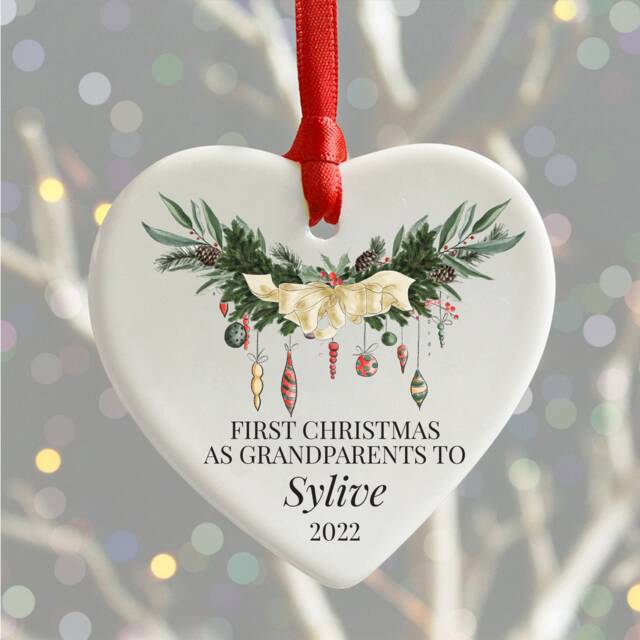 First Christmas As Grandparents Ornament, Personalised Heart Bauble, New Grandchild Xmas Decoration - image 1