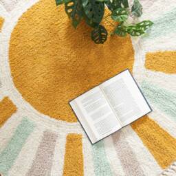 Houseofdecor - Sunburst Round Cotton Area Rug, Hand Tufted, Mustard & Ivory/Off-White, Nursery, Kids Decor - thumbnail 2