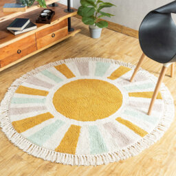 Houseofdecor - Sunburst Round Cotton Area Rug, Hand Tufted, Mustard & Ivory/Off-White, Nursery, Kids Decor - thumbnail 1