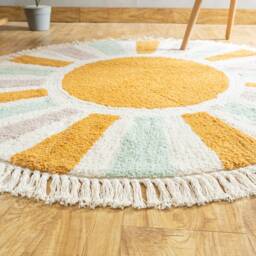 Houseofdecor - Sunburst Round Cotton Area Rug, Hand Tufted, Mustard & Ivory/Off-White, Nursery, Kids Decor - thumbnail 3