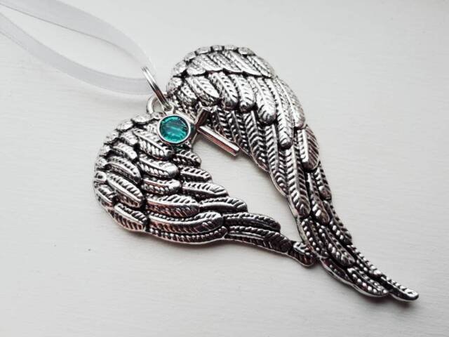 Large Angel Wing Ornament With Cross Charm & Option Of Birthstone - Sympathy Gift Miscarriage Religious Guardian Christmas - image 1