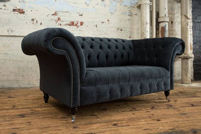 2 Seater Charcoal Grey Velvet Chesterfield Sofa, British Handmade - image 1
