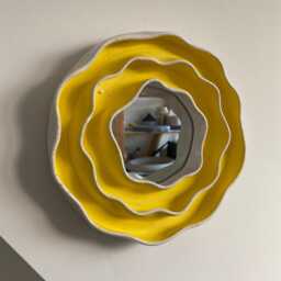 Small Ceramic Flower Mirror Funky Wall Art, Yellow Wavy Mirror, Sculptural Vanity Mirror - thumbnail 2