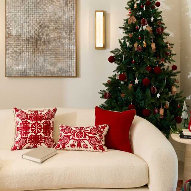 Embroidered Pillow Cover, Luxury Red White Floral Tweed Cushion Cover - image 1