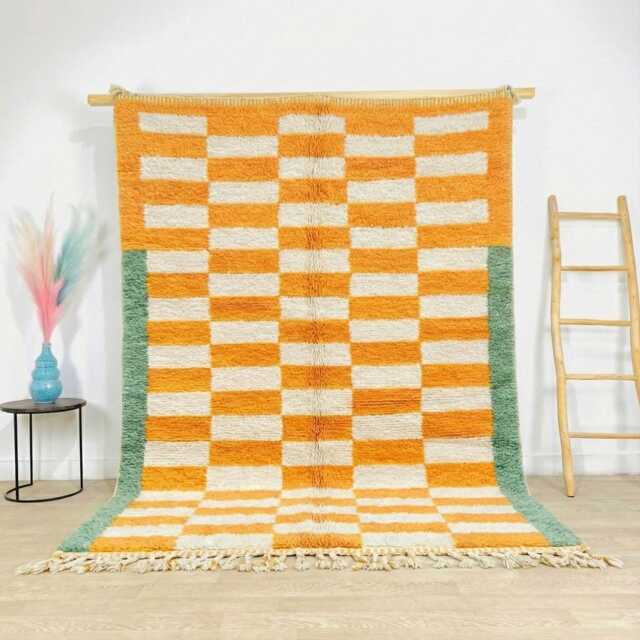 Moroccan Yellow Berber Rug, Handwoven Wool Shag Rug With Checkerboard Pattern, Authentic Beni Ourain Style Carpet, Large 9x12 Area - image 1