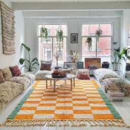 Moroccan Yellow Berber Rug, Handwoven Wool Shag Rug With Checkerboard Pattern, Authentic Beni Ourain Style Carpet, Large 9x12 Area - thumbnail 3