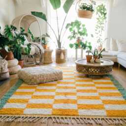 Moroccan Yellow Berber Rug, Handwoven Wool Shag Rug With Checkerboard Pattern, Authentic Beni Ourain Style Carpet, Large 9x12 Area - thumbnail 2