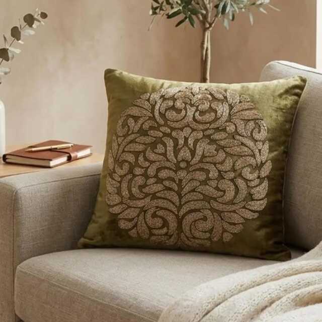 Sage Green Velvet Zardozi Embroidered Abstract Pattern, Contemporary Throw Pillow Cover - Circle Of Peace - image 1