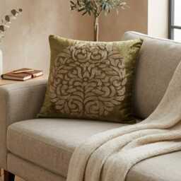 Sage Green Velvet Zardozi Embroidered Abstract Pattern, Contemporary Throw Pillow Cover - Circle Of Peace - thumbnail 2