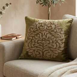 Sage Green Velvet Zardozi Embroidered Abstract Pattern, Contemporary Throw Pillow Cover - Circle Of Peace - thumbnail 1