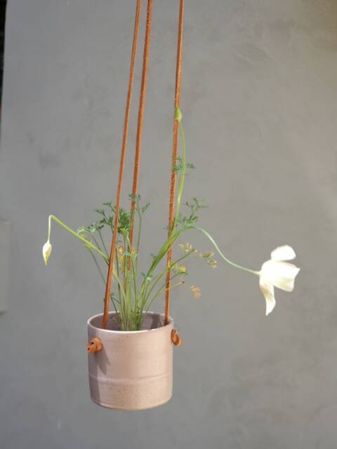 Pink Hanging Planter With Leather Straps, Nordic Ceramic Planter, Minimalist Pottery Indoor Pot, Succulent - image 1