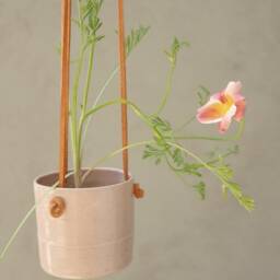 Pink Hanging Planter With Leather Straps, Nordic Ceramic Planter, Minimalist Pottery Indoor Pot, Succulent - thumbnail 2