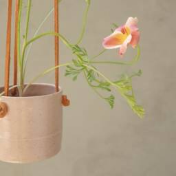 Pink Hanging Planter With Leather Straps, Nordic Ceramic Planter, Minimalist Pottery Indoor Pot, Succulent - thumbnail 3