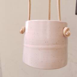 Pink Hanging Planter With Leather Straps, Nordic Ceramic Planter, Minimalist Pottery Indoor Pot, Succulent - thumbnail 4