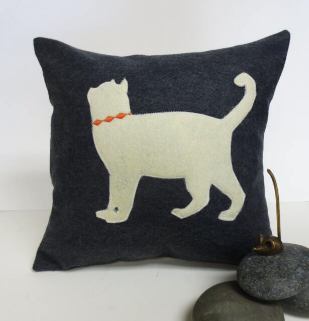 White Cat Silhouette Pillow - Felt Throw Cushion - image 1