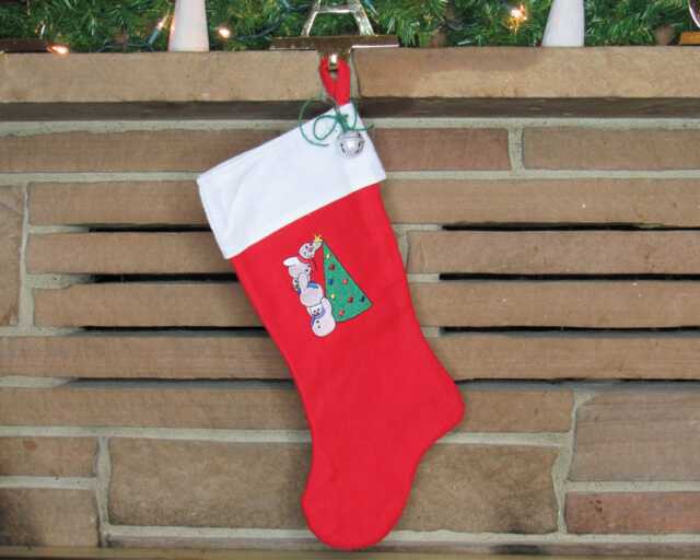 Handmade Embroidered Christmas Stocking Snowman Tree Design - image 1