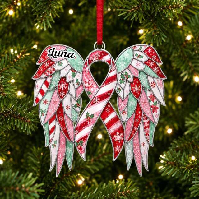 Custom Name Awareness Ribbon Angel Wings Ornament, Christmas Tree Car Hanging Decor, Flat 2D Ornament Acrylic Wooden Holiday Gift 2026 - image 1