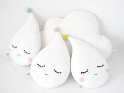 White With Pompom Raindrop Cushion For Nursery Decor, Baby Shower Gift Idea Dreamy Pillow Newborn Infant Kids Girl Bed Boy Teepee Sky - thumbnail 1