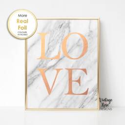 Marble Print, Love, Love Sign, Wall Art, & Rose Gold Bedroom Decor, Real Foil Gift For Her - thumbnail 1