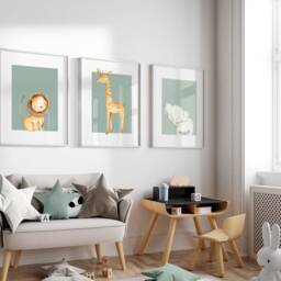 Nursery Wall Art Prints With Elephant, Lion & Giraffe, Set Of 3 Safari Animal in Sage Green For Girls Boys Bedroom, Decor - thumbnail 3
