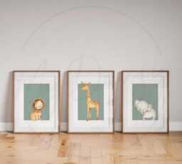 Nursery Wall Art Prints With Elephant, Lion & Giraffe, Set Of 3 Safari Animal in Sage Green For Girls Boys Bedroom, Decor - thumbnail 1