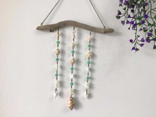 Mother Of Pearl Beaded Wall Hanging. Beach Driftwood & Shell Mobile - image 1
