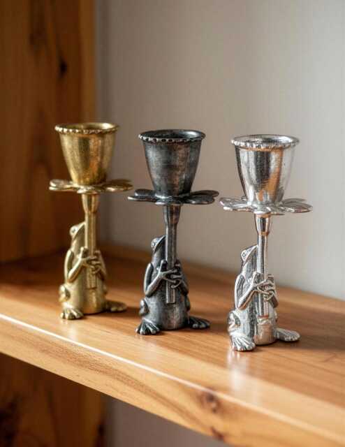 Handmade Pewter Frog Daffodil Candle Holder, Nature Inspired Home Decor - image 1