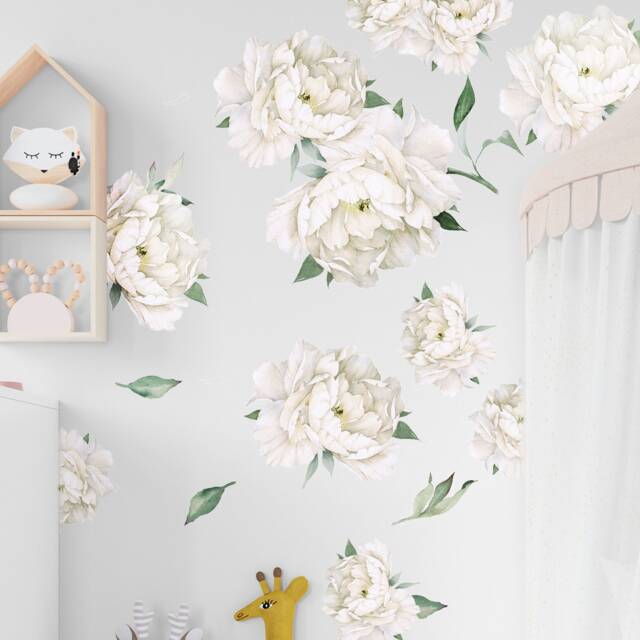 White Peony Wall Decals, Floral Decals Girls Nursery, Watercolor Pastel Flower Stickers Peel & Stick Vinyl Bedroom Decor - image 1