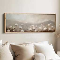 Vintage Beige Wildflower Large Wide Horizontal Wall Art Framed Canvas, Minimal Above Bed Decor, Living Room Art, Narrow - H0194 - thumbnail 1