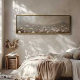 Vintage Beige Wildflower Large Wide Horizontal Wall Art Framed Canvas, Minimal Above Bed Decor, Living Room Art, Narrow - H0194 - thumbnail 3
