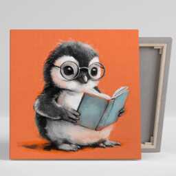 Penguin Bookworm Art, Canvas Or Poster, Whimsical Contemporary Decor, Children's Room Office Library Living Wall Black Orange Blue - thumbnail 1