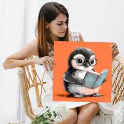 Penguin Bookworm Art, Canvas Or Poster, Whimsical Contemporary Decor, Children's Room Office Library Living Wall Black Orange Blue - thumbnail 3