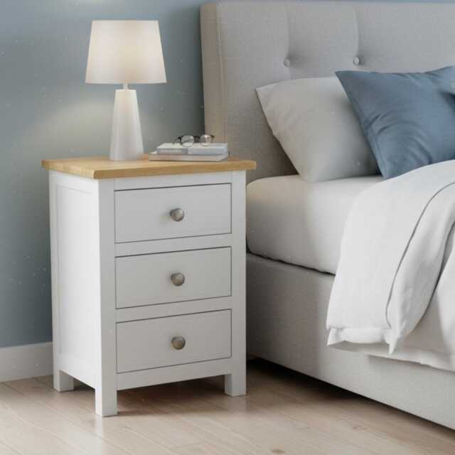 Grofurniture Snow White Bedside Table With Oak Top 3-Drawer Nightstand, Ready Assembled - image 1