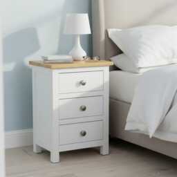 Grofurniture Snow White Bedside Table With Oak Top 3-Drawer Nightstand, Ready Assembled - thumbnail 2