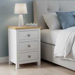 Grofurniture Snow White Bedside Table With Oak Top 3-Drawer Nightstand, Ready Assembled - thumbnail 1