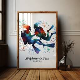 Scuba Diving Couple Print - Personalised Watercolour Poster Prints For Her - Gifts Wedding Gift Wall Art Custom Artwork Anniversary - thumbnail 2