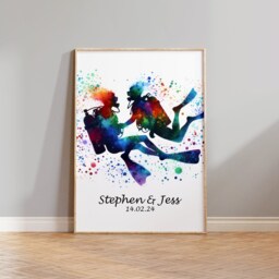 Scuba Diving Couple Print - Personalised Watercolour Poster Prints For Her - Gifts Wedding Gift Wall Art Custom Artwork Anniversary - thumbnail 3