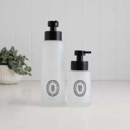 Frosted Glass Soap Dispenser With Black Oval Label, Choose 250Ml Or 500Ml Size & Custom Label Text, Sustainable Bathroom Gift - thumbnail 1