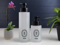 Frosted Glass Soap Dispenser With Black Oval Label, Choose 250Ml Or 500Ml Size & Custom Label Text, Sustainable Bathroom Gift - thumbnail 1