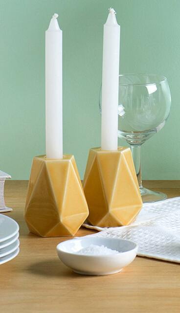 Yellow Shabbat Candlesticks, Geometric Candleholders, Modern Judaica, Modern Ceramic, Handmade in Israel - image 1